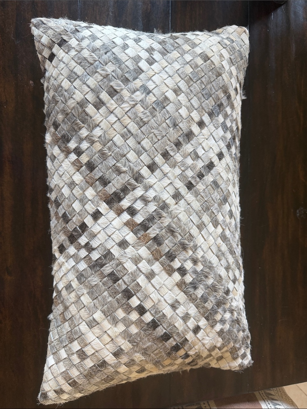 Callisto Home Woven Hair on Hide Patchwork Accent Pillow in Gray and Cream